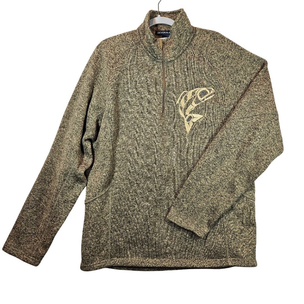 Devon & Jones Mens L 1/4 Zip Fleece Pullover Fish Embroidery tribal outdoor warm - Picture 1 of 8